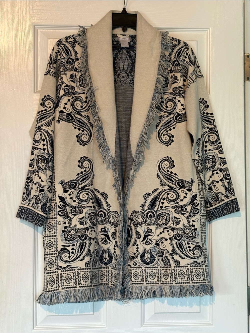 Chico's Cream & Blue Paisley Fringe Open-Front Cardigan